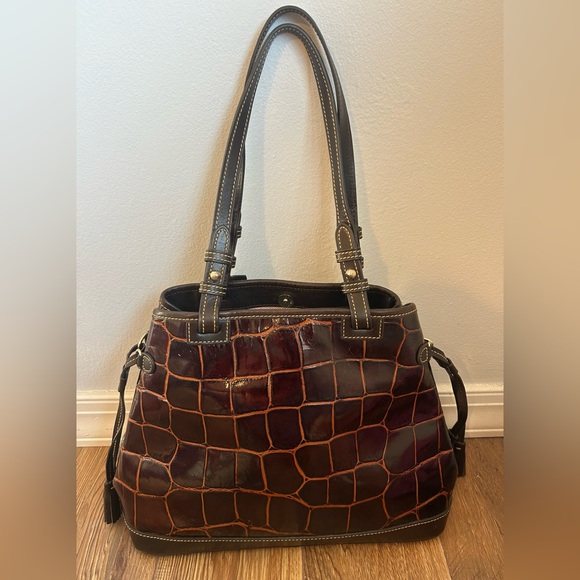 Dooney & Bourke Croc Embossed Leather Tassel Tote Handbag Cognac Brown - Picture 4 of 13
